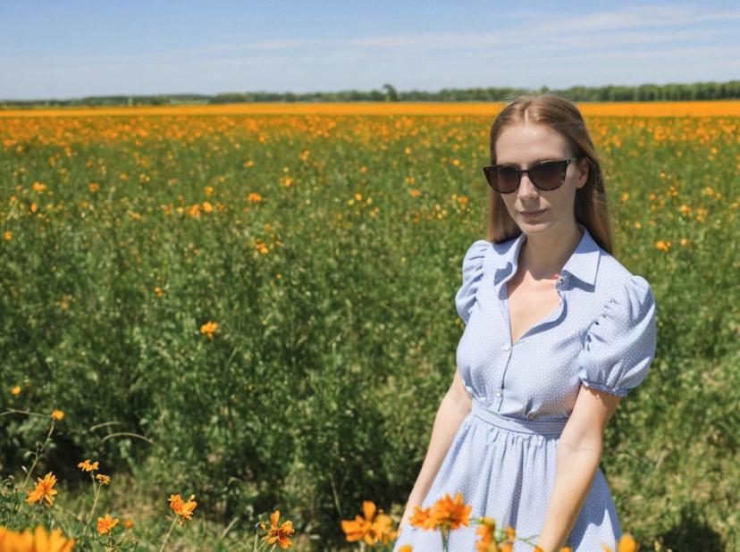 wide portrait photo of a beautiful woman with ginger hair standing on a flower field, she is wearing a light blue polkadot dress and sunglasses