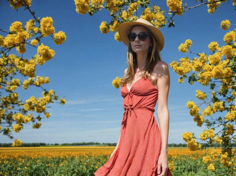 wide portrait photo of a beautiful woman with ginger hair standing on a beautiful yellow flower field, she is wearing a red polkadot dress, a beach hat, and sunglasses, surrounded by yellow flower branches