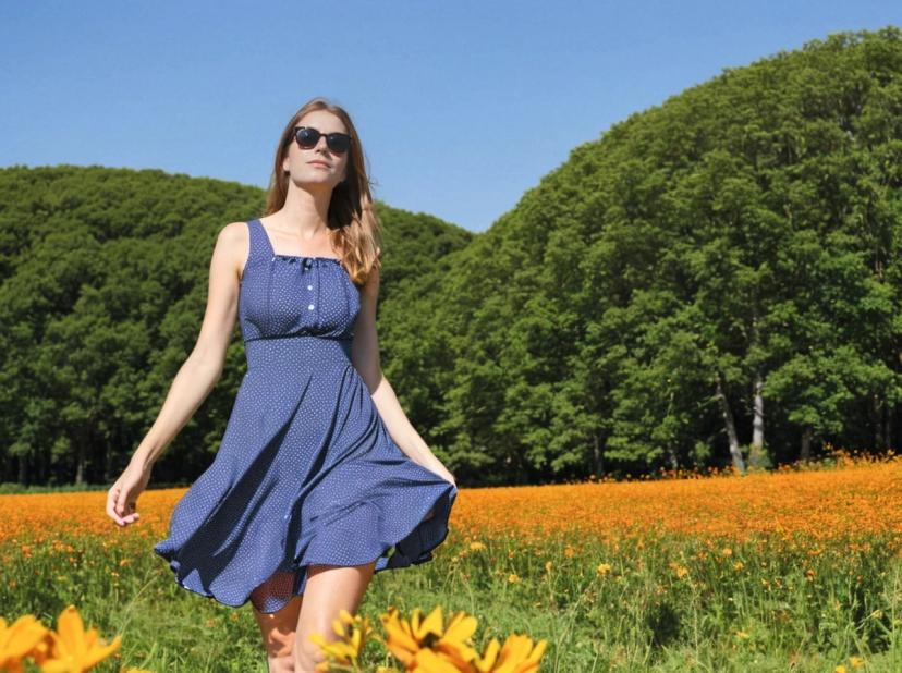 wide portrait photo of a beautiful woman with ginger hair walking on a beautiful amber flower field, she is wearing a blue polkadot dress and sunglasses, trees in the background