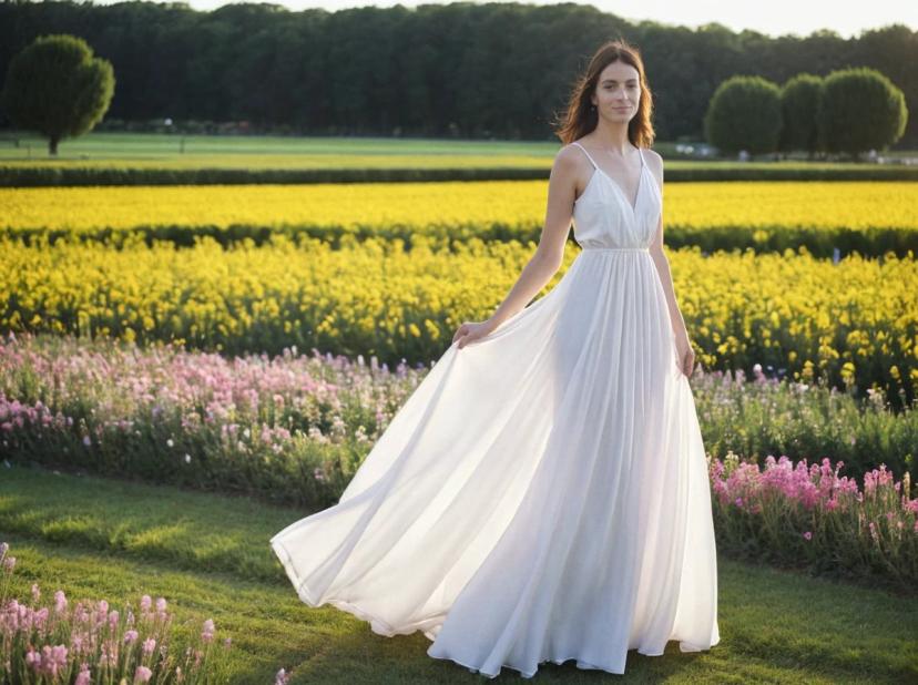 wide portrait photo of a beautiful woman with dark hair and a shy smile standing on a beautiful flower field, she is wearing a long white flowing dress, trees in the background