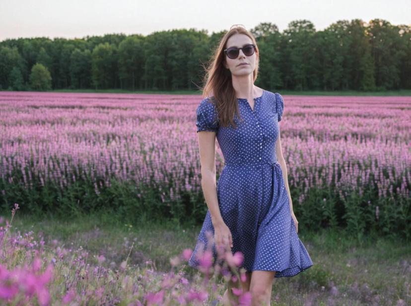 wide portrait photo of a beautiful woman with ginger hair walking on a beautiful magenta flower field, she is wearing a violet dress and sunglasses, forest in the background
