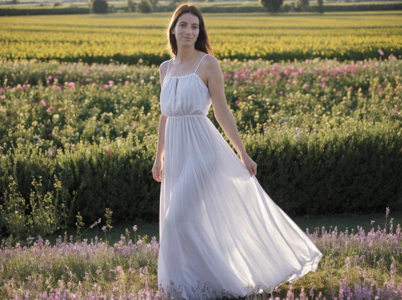 wide portrait photo of a beautiful woman with dark hair and a shy smile walking on a beautiful flower field, she is wearing a long white flowing dress
