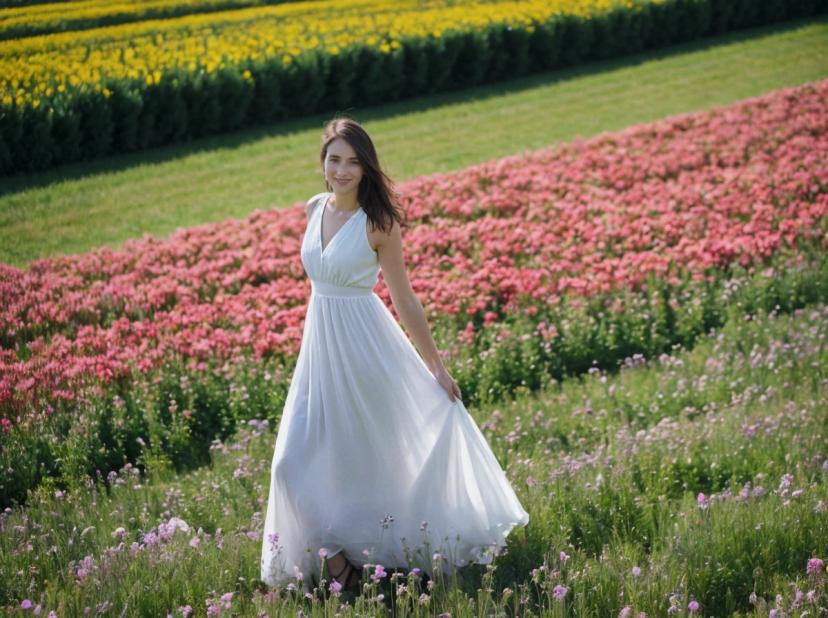 tilted high angle wide portrait photo of a smiling woman with dark hair standing on a beautiful flower field, she is wearing a long white flowing dress