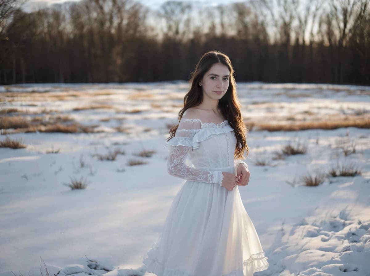 wide portrait photo of a beautiful woman with long dark hair standing on a beautiful snowy field, she is wearing a white frilly lace dress, trees in the background