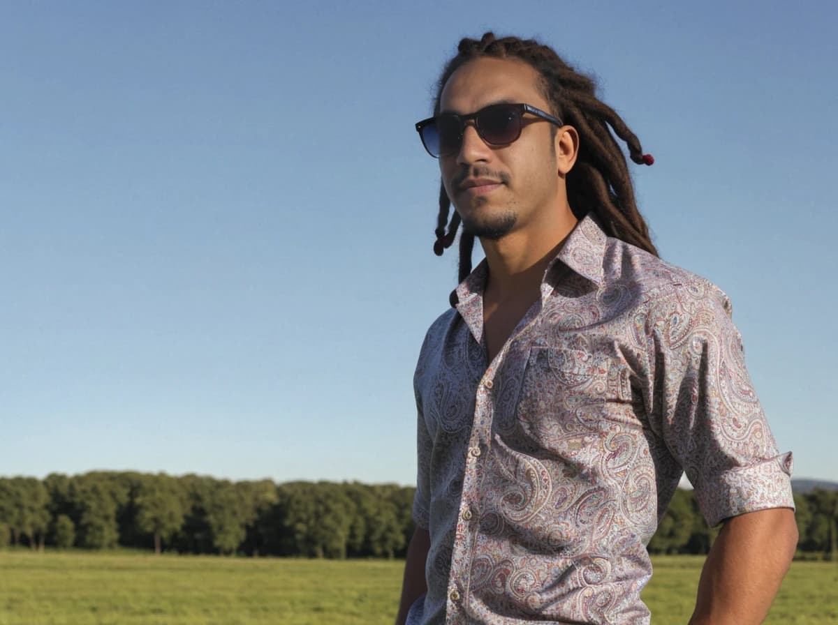 wide portrait photo of a latino man with dreadlocks, medium shot, he is standing on a field wearing a paisley shirt and sunglasses, trees in the background