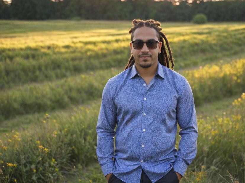 wide portrait photo of a latino man with dreadlocks, medium shot, he is standing on a flower field wearing a blue paisley shirt and sunglasses, trees in the background