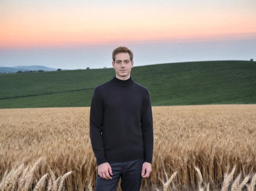 wide portrait photo of a caucasian man standing on a wheat field wearing a black sweater and dark pants, beautiful sky in the background