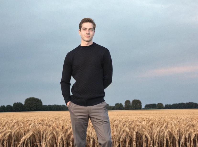 wide portrait photo of a caucasian man standing on a wheat field wearing a black sweater and light pants, sky and trees in the background