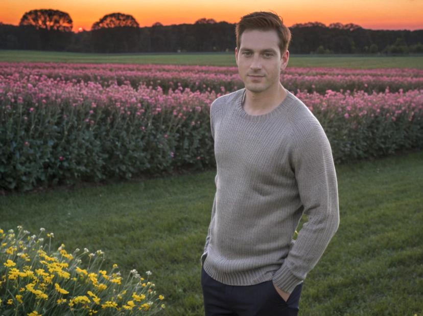 wide portrait photo of a caucasian man standing on a flower field wearing a light sweater and dark pants, sunset sky in the background