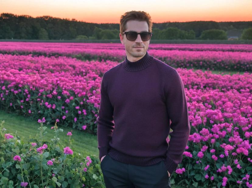 wide portrait photo of a caucasian man standing on a beautiful magenta field wearing a purple sweater, dark pants, and sunglasses, trees sky in the background