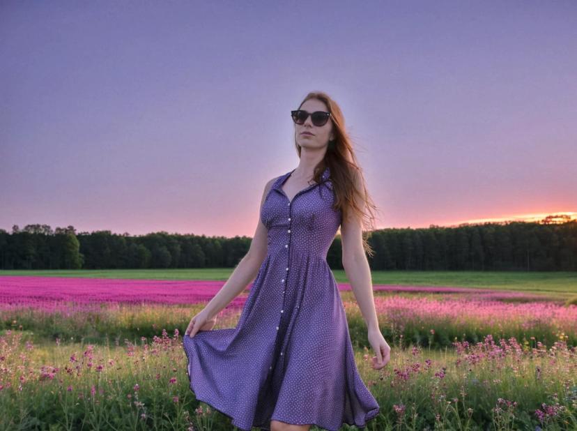 wide portrait photo of a beautiful woman with ginger hair standing on a beautiful magenta flower field, she is wearing a blue polkadot dress and sunglasses, sunset sky in the background, low angle shot