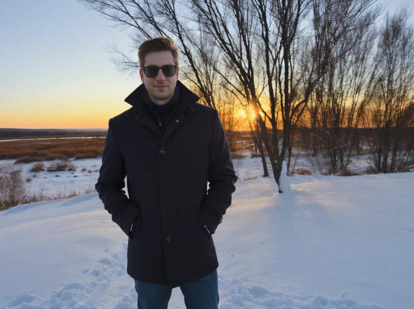 wide portrait photo of a caucasian man standing on a snowy field wearing a black jacket and sunglasses, trees and a beautiful sunset sky in the background