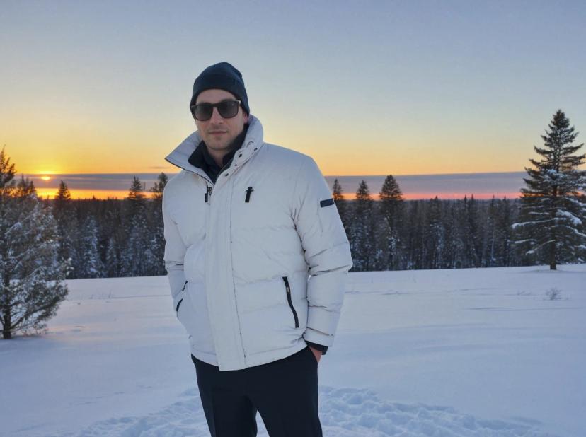 wide portrait photo of a caucasian man standing on a snowy field wearing a white winter jacket, a beanie, and sunglasses, snowed trees and a beautiful sunset sky in the background