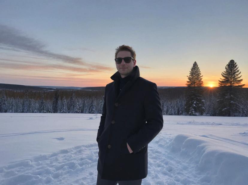 wide portrait photo of a caucasian man standing on a snowy field wearing a black coat and sunglasses, snowed trees and a beautiful sunset sky in the background