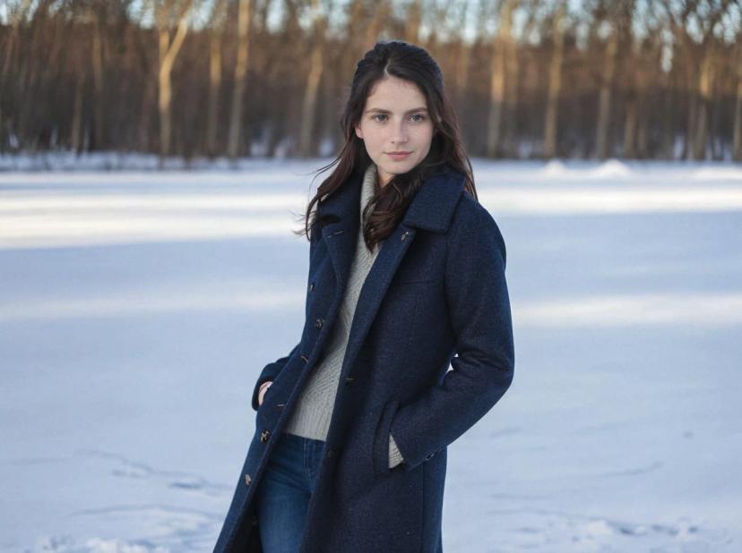 wide portrait photo of a caucasian woman with dark hair posing on a snowy field wearing a long dark jacket and jeans, trees in the background