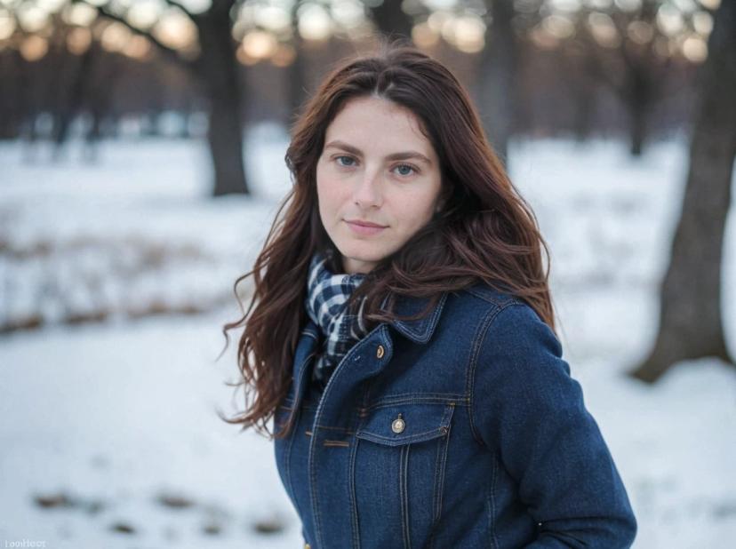 wide portrait photo of a caucasian woman with dark hair standing on a snowy field, medium shot, wearing a dark denim jacket, trees in the background