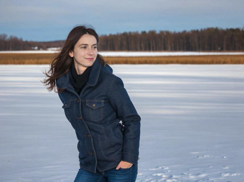 wide portrait photo of a caucasian woman with dark hair posing on a snowy field, medium shot, wearing a dark denim jacket and jeans, she is looking away with a shy smile, trees in the background