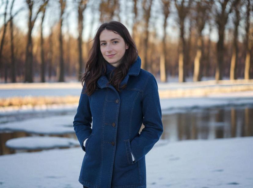 wide portrait photo of a caucasian woman with dark hair standing on a snowy field near a lake, medium shot, wearing a blue coat, trees in the background