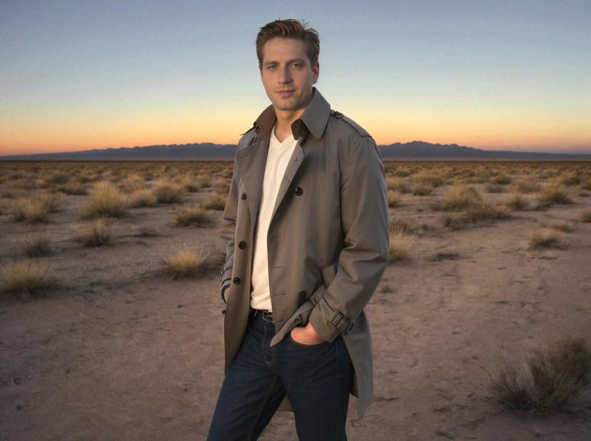 wide portrait photo of a caucasian man standing on a desert field wearing a grey trench coat and dark jeans, beautiful sunset sky in the background