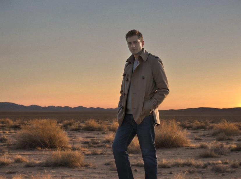 wide portrait photo of a caucasian man standing on a desert field wearing a light trench coat and dark jeans, full shot, beautiful sunset sky in the background