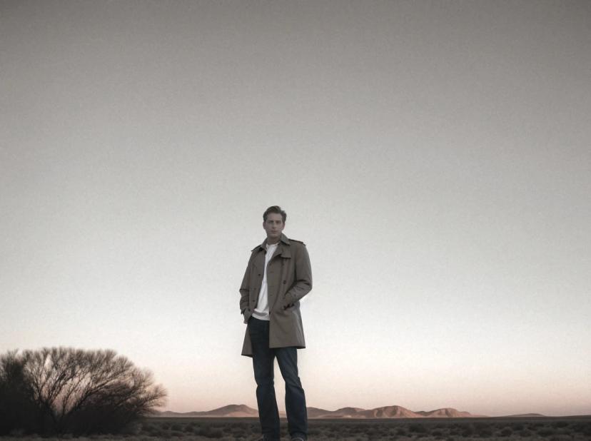 wide portrait photo of a distant caucasian man standing on a desert field wearing a light trench coat over a white shirt and dark pants, full shot, dark atmosphere