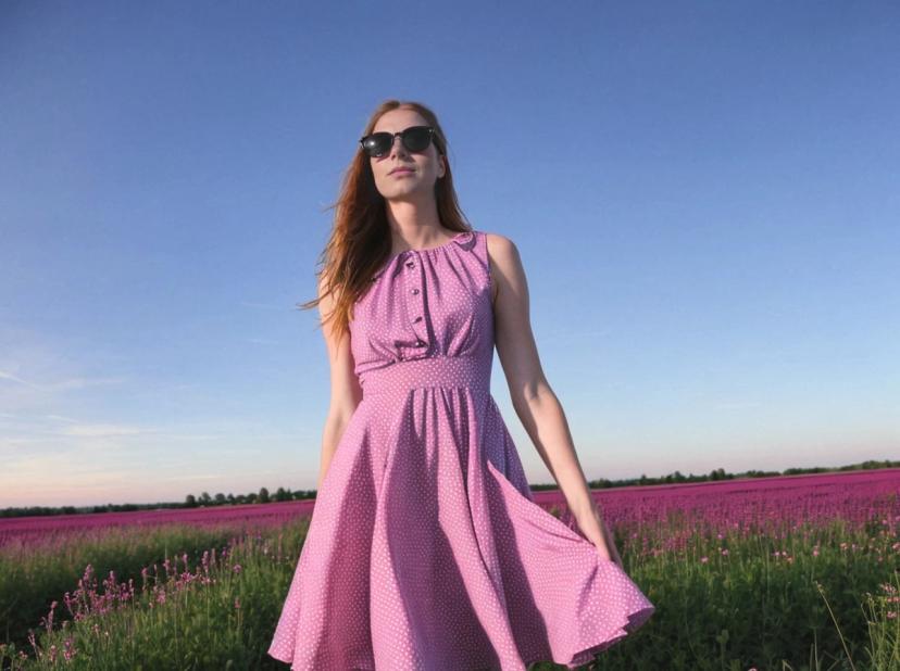 wide portrait photo of a beautiful woman with ginger hair standing on a beautiful magenta flower field, she is wearing a pink dress and sunglasses, low angle shot