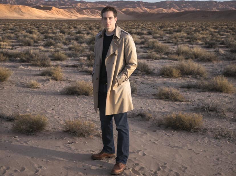 wide portrait photo of a caucasian man standing on a desert field wearing a light trench coat, dark jeans, and brown boots, full shot, desert vegetation and rock formations in the background
