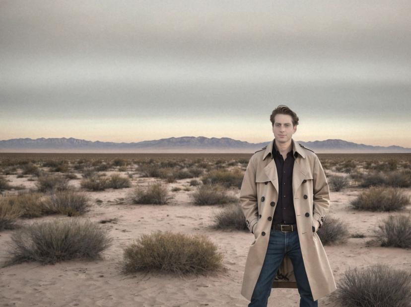 wide portrait photo of a caucasian man standing with a confident stance on a desert field wearing a light trench coat over a black shirt, dark jeans, and a brown belt, desert vegetation and rocky mountains in the background