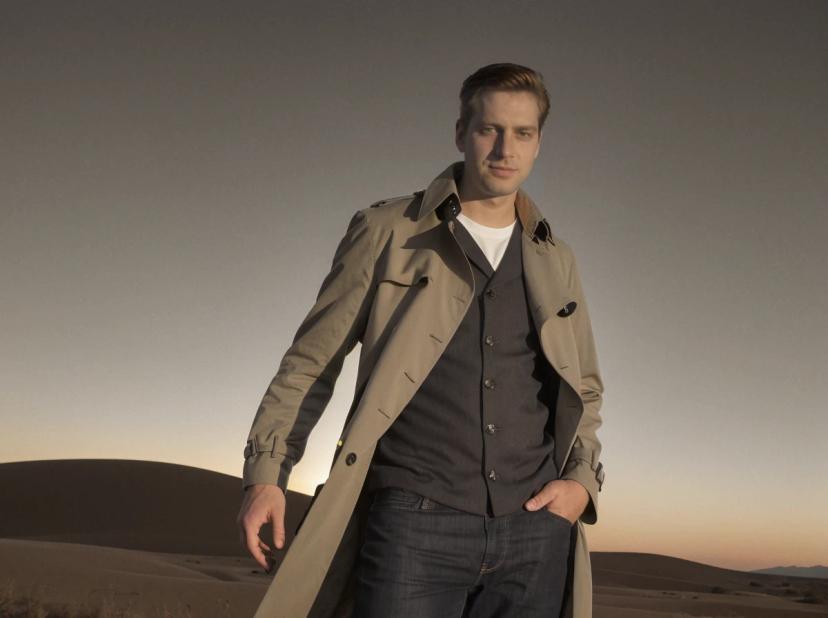 low angle wide portrait photo of a caucasian man standing on a desert field wearing a light trench coat over a dark vest, and dark jeans, desert dunes and a dusk sky in the background, dark atmosphere