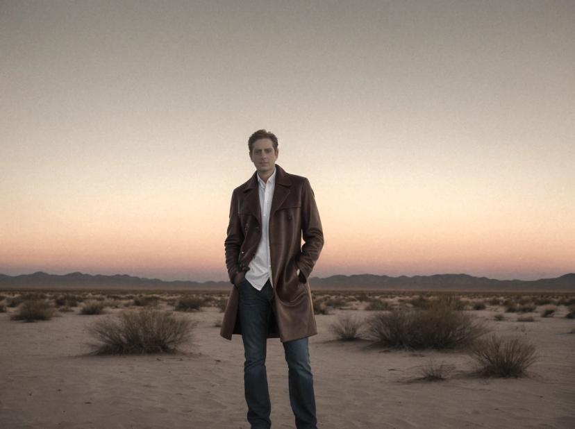 wide portrait photo of a caucasian man standing with a confident stance on a desert field wearing a brown leather coat over a white shirt, and dark jeans, desert vegetation and mountains in the background, golden hour