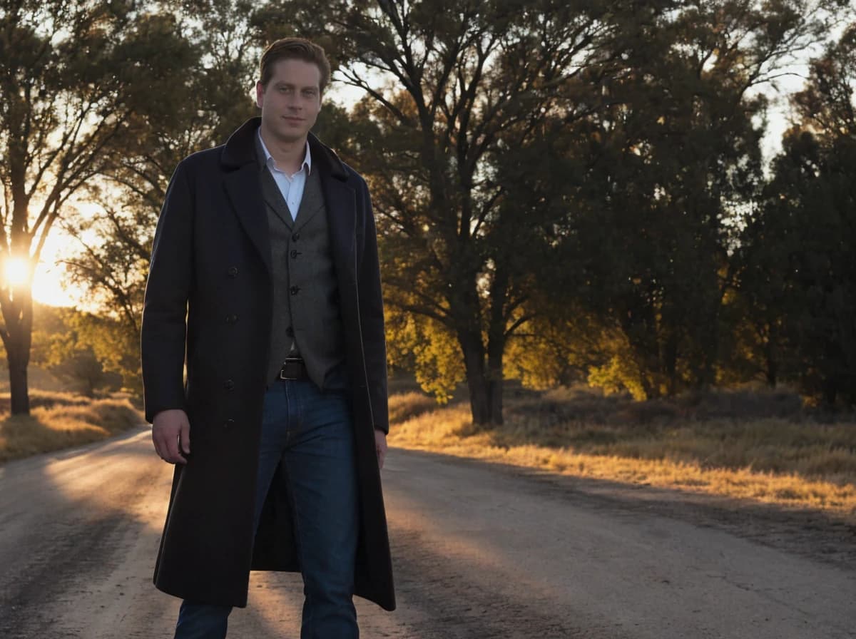 wide portrait photo of a caucasian man standing on a field wearing a dark winter coat over a grey vest and a white shirt, dark jeans, trees and a sunset sky in the background