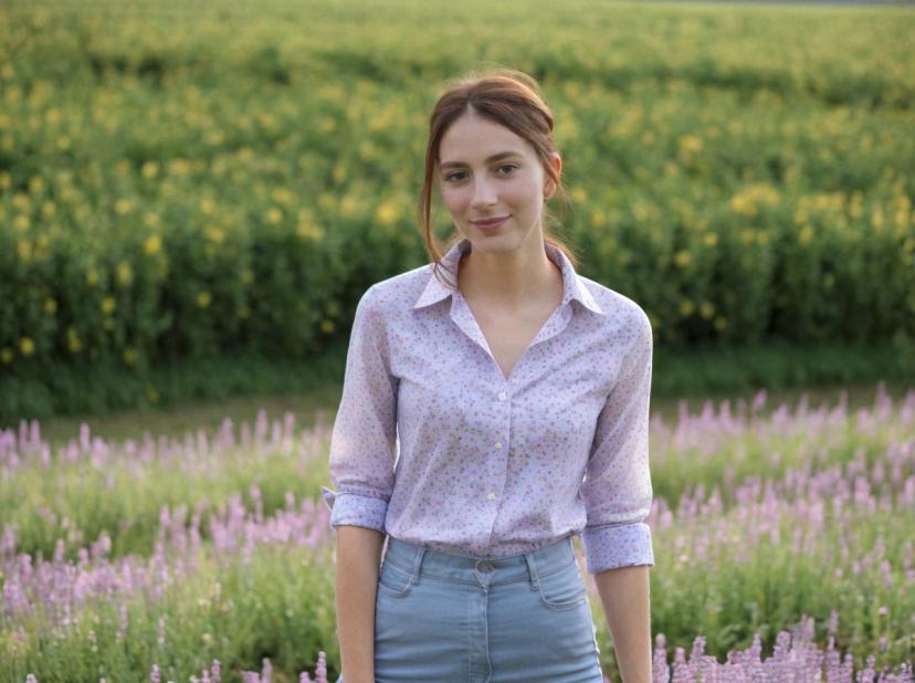 wide portrait photo of a caucasian woman with tied auburn hair and a shy smile standing on a flower field wearing a light pattern button shirt, and light jeans