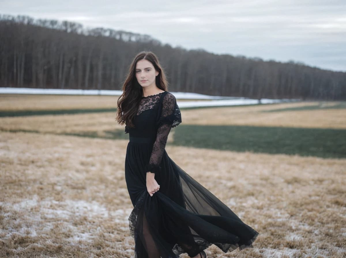 wide portrait photo of a caucasian woman with dark flowing hair standing on a lightly snowed field wearing a beautiful long black lace sleeved dress, tall trees in the background