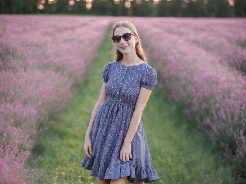 wide portrait photo of a caucasian woman with ginger hair and a shy smile standing on a magenta flower field wearing a purple polkadot summer dress, and sunglasses