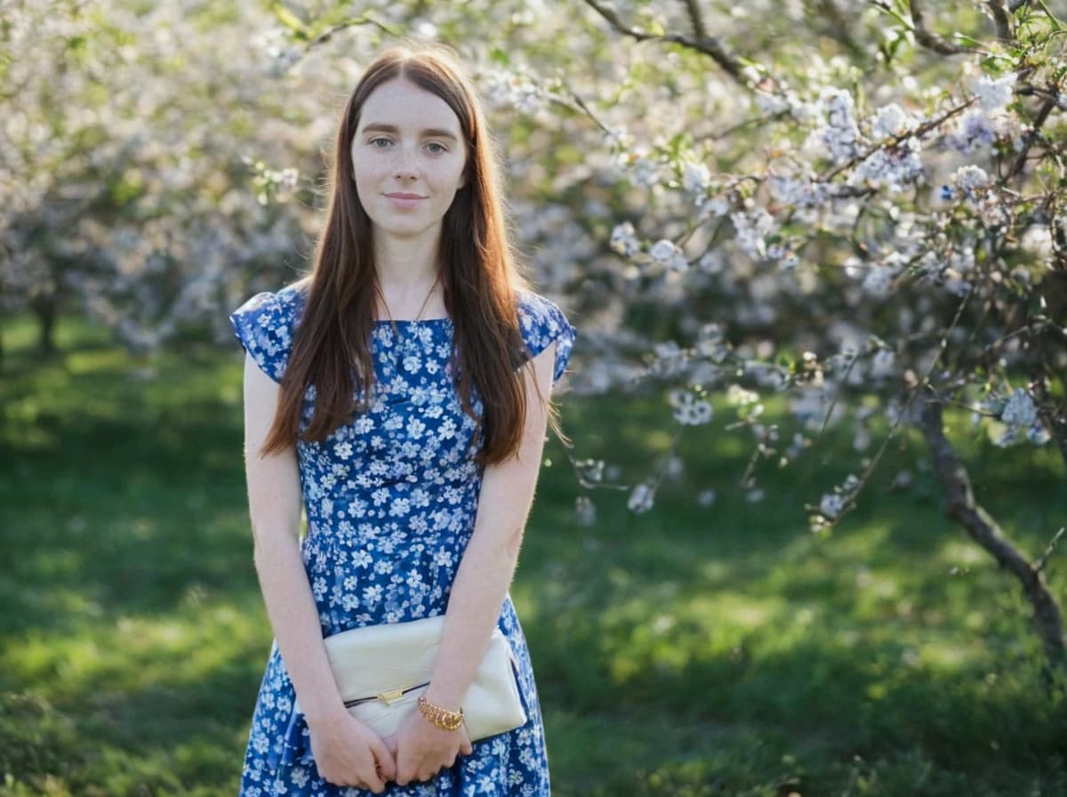 wide portrait photo of a caucasian woman with auburn hair and a shy smirk standing on an orchard field wearing a blue and white floral dress, white flower branches beside her