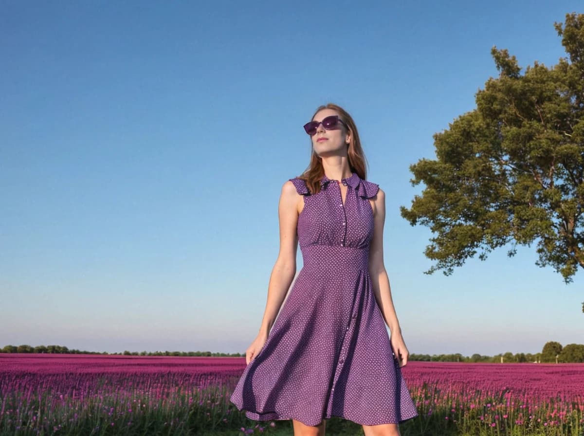 wide portrait photo of a beautiful woman with ginger hair standing on a beautiful magenta flower field, she is wearing a violet dress and sunglasses while looking at the sky, trees in the background