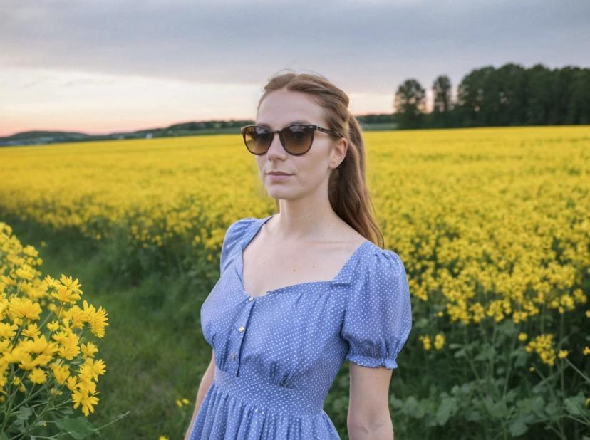 wide portrait photo of a beautiful woman with ginger hair standing on a beautiful yellow flower field, she is wearing a blue polkadot dress and sunglasses, golden hour, medium shot