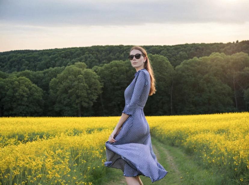 wide portrait photo of a beautiful woman with ginger hair posing on a beautiful yellow flower field, she is wearing a blue polkadot dress and sunglasses, forest in the background