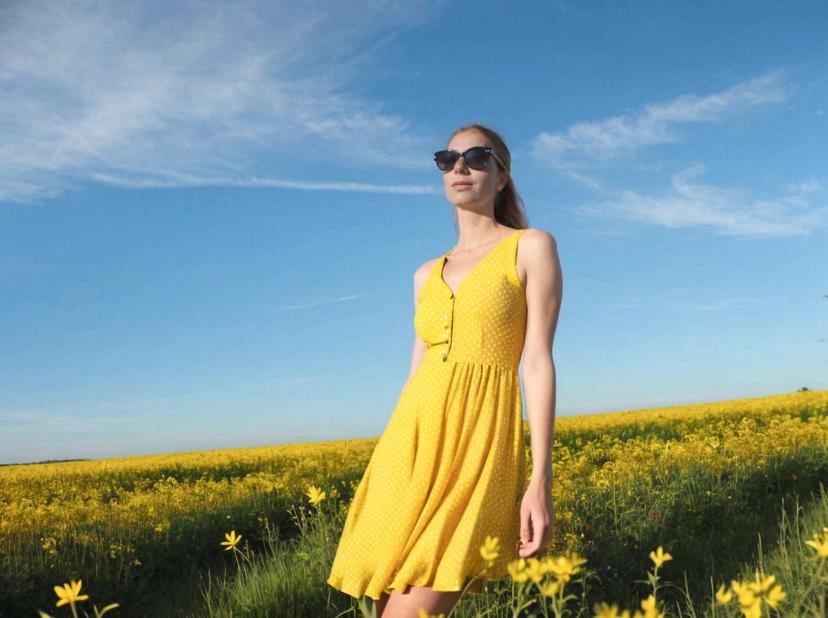 tilted low angle wide portrait photo of a beautiful woman with ginger hair standing on a beautiful yellow flower field, she is wearing a yellow polkadot dress and sunglasses, sky in the background