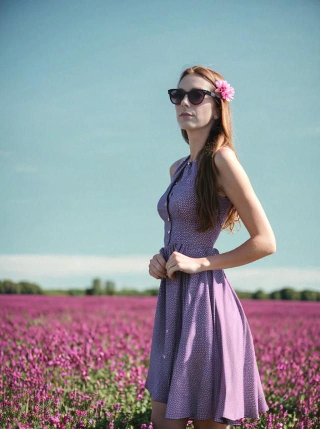 portrait photo of a beautiful woman with ginger hair standing on a beautiful magenta flower field, she is wearing a violet dress and sunglasses, with a flower on her hair