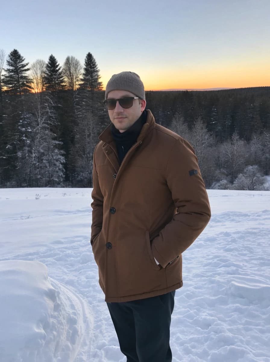 portrait photo of a caucasian man with a confident expression standing on a snowy field, he is wearing a brown winter jacket, dark pants, a beanie, and sunglasses, trees and setting sun in the background