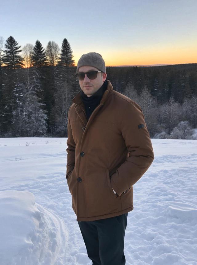 portrait photo of a caucasian man with a confident expression standing on a snowy field, he is wearing a brown winter jacket, dark pants, a beanie, and sunglasses, trees and setting sun in the background