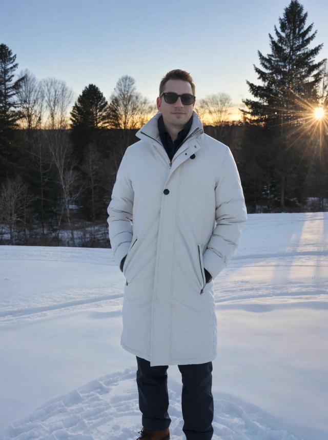 portrait photo of a caucasian man with a confident expression standing on a snowy field, he is wearing a white winter coat, dark pants, and sunglasses, trees and setting sun in the background