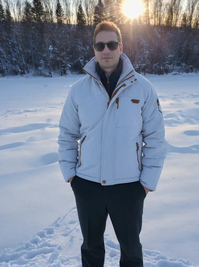 portrait photo of a caucasian man standing on a snowy field, he is wearing a white winter jacket, dark pants, and sunglasses, trees and setting sun in the background