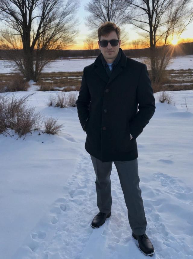 portrait photo of a caucasian man with a confident expression standing on a snowy field, he is wearing a black winter coat, grey pants, shoes, and sunglasses, trees and setting sun in the background