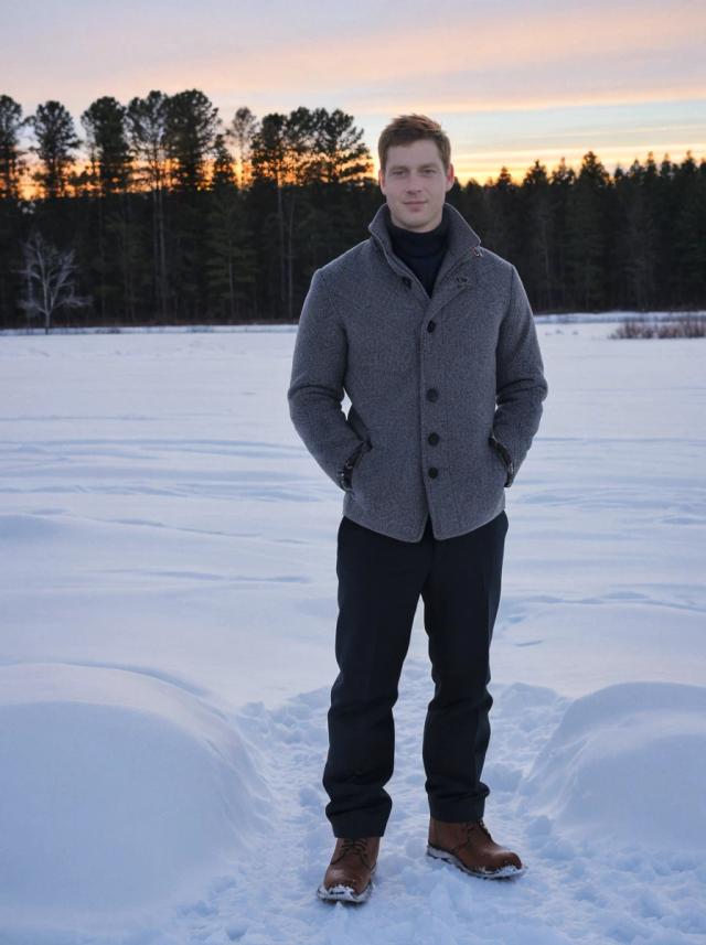 portrait photo of a caucasian man with a confident expression standing on a snowy field, he is wearing a grey winter jacket, black pants, and boots, trees and setting sun in the background