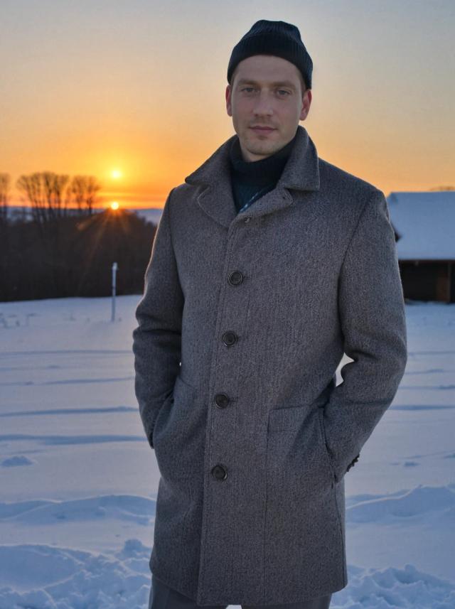 portrait photo of a caucasian man standing on a snowy field, he is wearing a grey winter coat and a beanie, trees and setting sun in the background