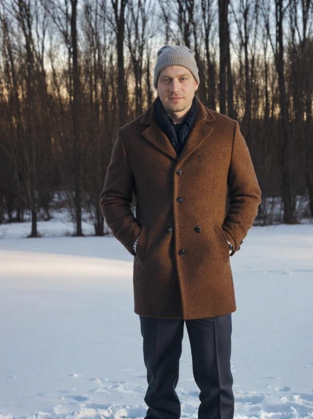 portrait photo of a caucasian man standing on a snowy field, he is wearing a brown winter coat, dark pants, and a beanie, trees in the background