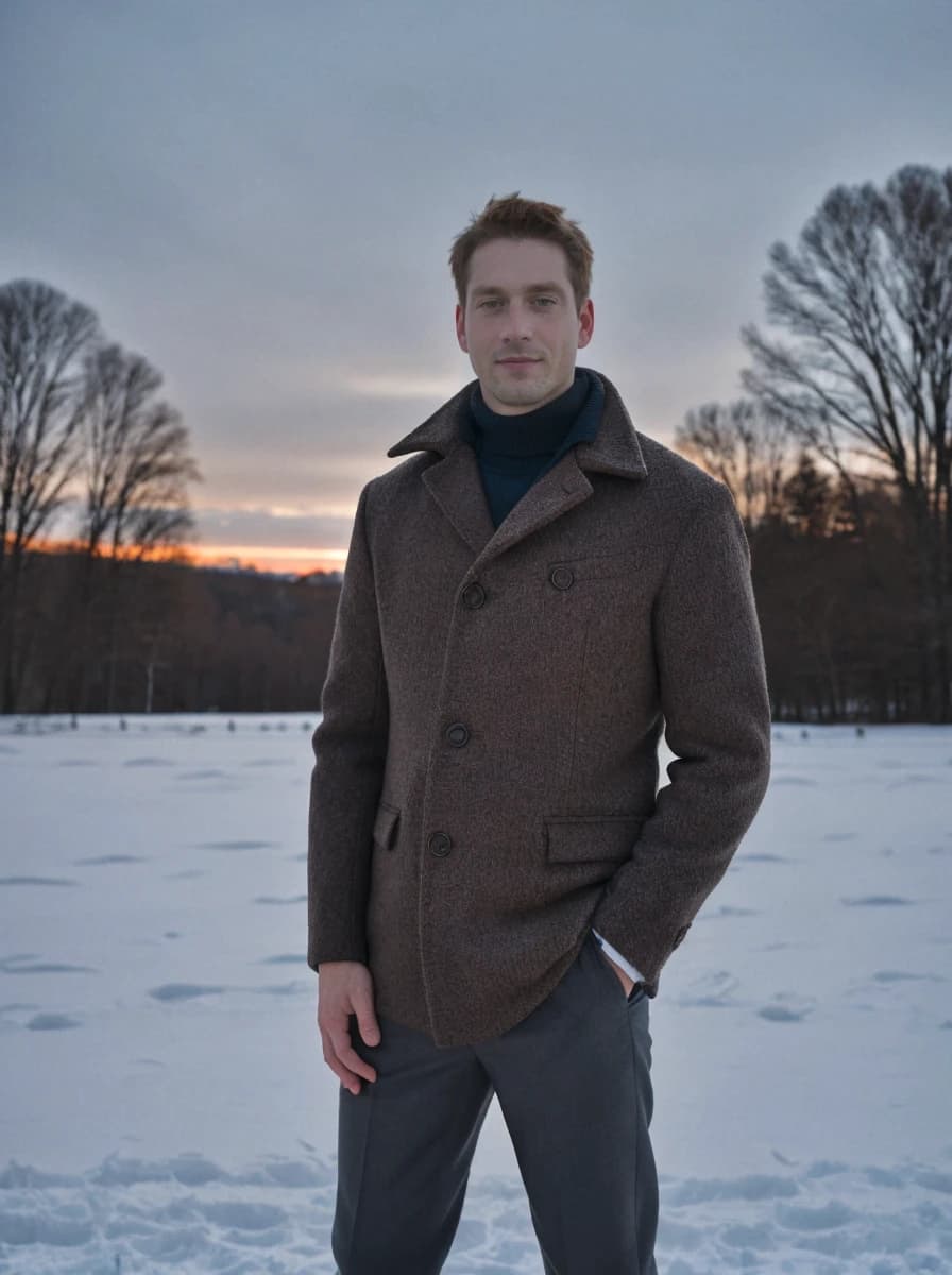 portrait photo of a caucasian man standing with a confident pose on a snowy field, he is wearing a brown winter coat and grey pants, trees and setting sun in the background