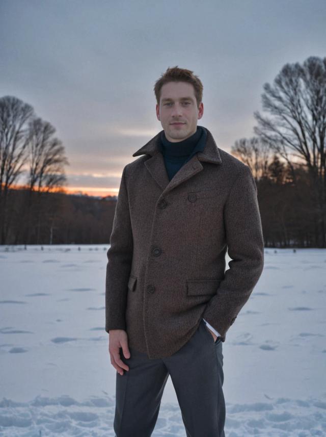 portrait photo of a caucasian man standing with a confident pose on a snowy field, he is wearing a brown winter coat and grey pants, trees and setting sun in the background